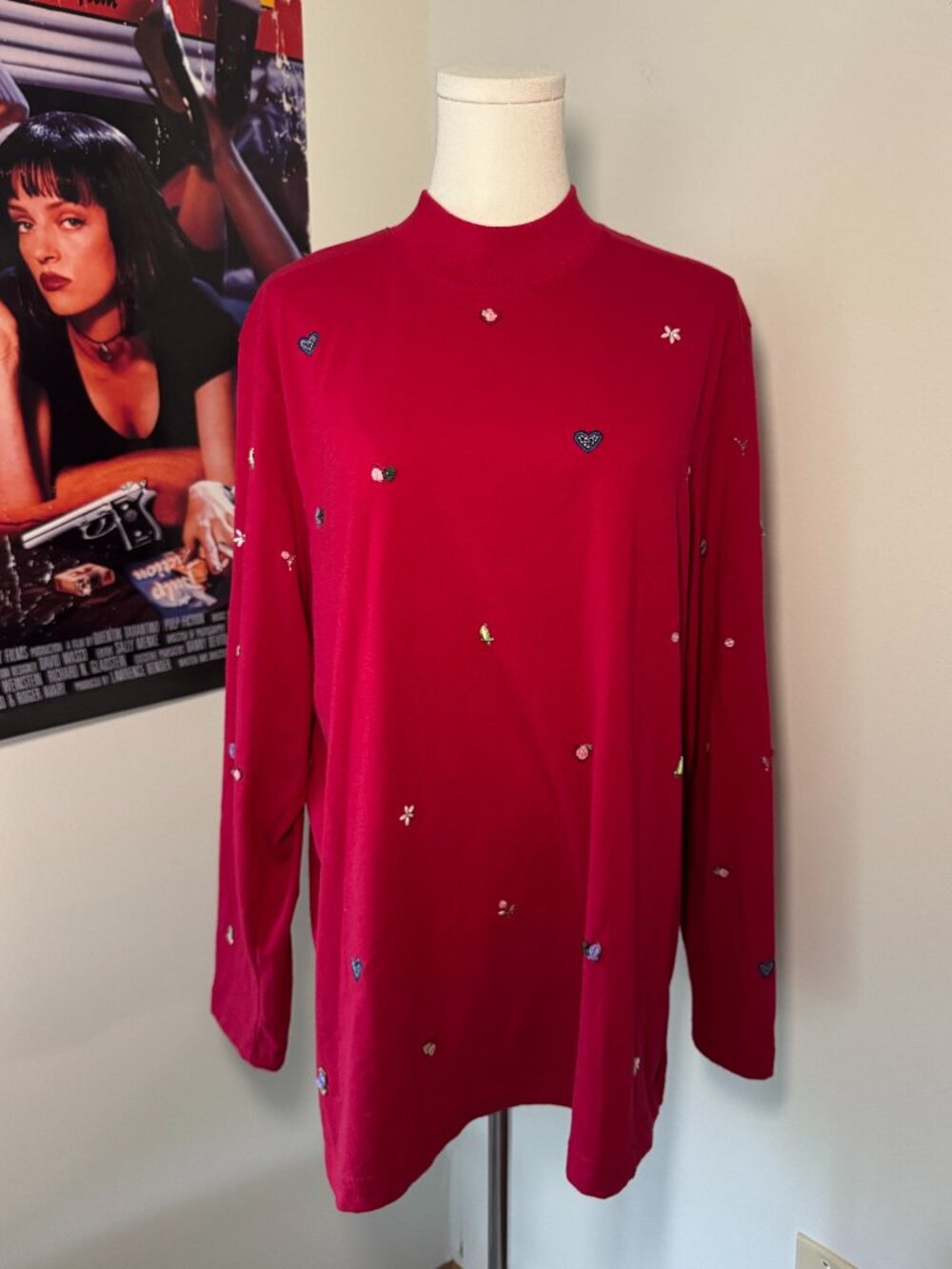 Vintage Koret City Blues Long Sleeve Embroidered Floral Red Shirt